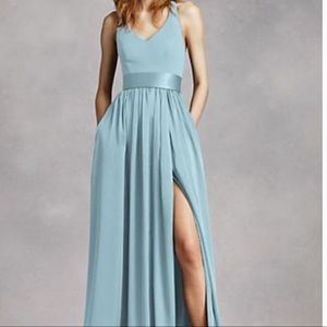 Vera Wang White David’s Bridal V Neck Sash Dress in Mist